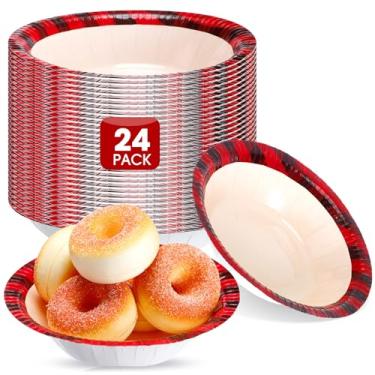 Imagem de Jinei 24 tigelas de papel de Natal a granel de 473 ml, tigelas xadrez xadrez de búfalo vermelho e preto, copos descartáveis para servir sopa de lanche para suprimentos de festa de Natal