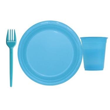 Imagem de Kit 300 Peças Descartáveis para Festa com 100 Copos 200ml + 100 Pratos 15cm + 100 Garfos 12cm | Ideal para Eventos, Aniversários, Churrascos e Refeições Coletivas (Azul Claro)