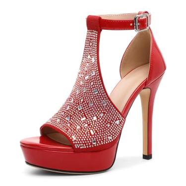 Imagem de Younton Sandálias femininas de salto plataforma salto gladiador bico aberto sandália confortável recorte salto agulha clássico elegante para festa à noite 12 cm, Vermelho envernizado, 36