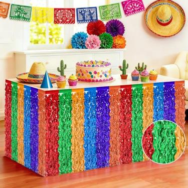 Imagem de Cinco de Mayo Decorações de Mesa, Pacote com 2 Saias de Mesa de Festa Fiesta, Saias de Mesa com Tema Mexicano Metálico Ondulado Folha de Tinsel Franja, Saias de Cortina de Mesa Arco-íris para