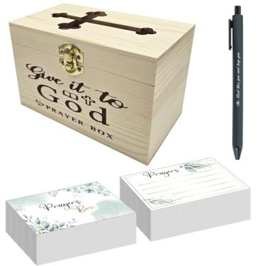Imagem de QVJIOA Caixa de oração com 100 peças de cartões de oração caixa de cartão de pedido de oração de madeira com 1 caneta de oração, a caixa de oração para suas orações diárias