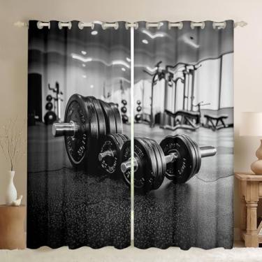 Imagem de Cortinas de janela infantis para halterofilismo, halteres, ferramentas de exercício, conjunto de cama para meninos e homens, sala de ginástica, jogos esportivos, tratamentos de janela preta, ilhós