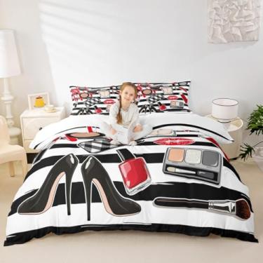 Imagem de Conjunto de capa de edredom Queen, conjunto de roupa de cama com batom e lábios, 3 peças para decoração de quarto de meninas, mulheres, adolescentes, listras pretas e brancas, capa de edredom moderna