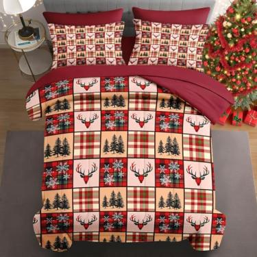 Imagem de WeCozy Jogo de edredom de Natal King Size com 2 fronhas e 2 fronhas, lençol de cima xadrez quadrado de Natal para crianças e adultos, lençol de cima com rena vintage