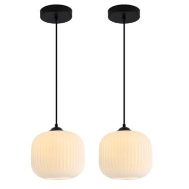 Imagem de Flyrose Luminária pendente redonda de vidro de leite, luzes pendentes de vidro listrado, globo moderno, ilha, cozinha, preto, meados do século, luminária suspensa de teto branca, luminária pendente