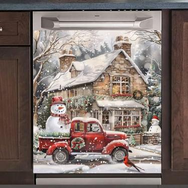 Imagem de Ímã de caminhão vermelho fazenda capa de lava-louças adesivo de ímã de lava-louças para decoração de cozinha 58 x 66 cm capa magnética de inverno boneco de neve painel de geladeira decalque para