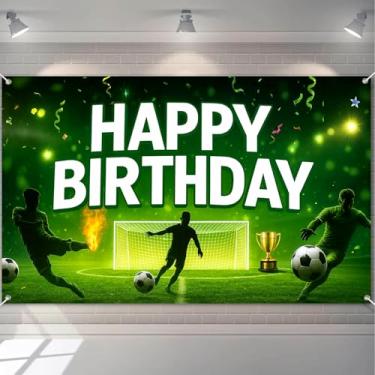 Imagem de HOMETITUTE Faixa de futebol feliz aniversário rede de goleiro verde confete troféu futebol tema feriado evento decoração faixa de aniversário festa interior exterior fundo 71 x 43 polegadas