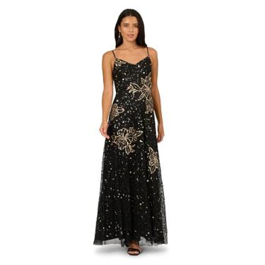 Imagem de Adrianna Papell Vestido floral feminino de malha com contas, Preto/dourado, 50