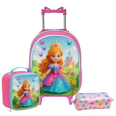 Imagem de Mochila Feminina Escolar Princesa com Rodinhas 16L + Lancheira Térmica + Estojo Infantil
