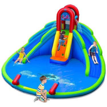 Imagem de Parque Aquático Inflável até 136 kg com 2 Escorregadores Longos, Piscina e Parede de Escalada, BOUNTECH, Colorido
