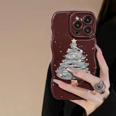 Imagem de FABSPARK Capa de telefone para iPhone 13, linda árvore de Natal com padrão de estrelas, capa com glitter, design ondulado, moldura ondulada, capa de telefone estética macia para iPhone 13, vinho tinto