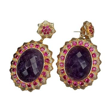 Imagem de DWBPGVUN Brincos pendentes de ametista roxa em formato oval de zircônia cúbica