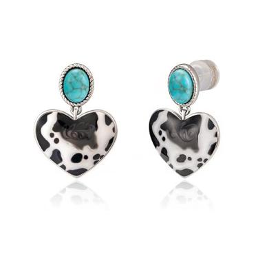 Imagem de Brincos femininos Wrangler com pingente de coração ocidental, ouro 14 quilates, turquesa, estampa de vaca cowgirl, joias modernas, Cobre, Turquesa