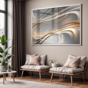 Imagem de Quadro com Moldura e Acrilico Cristal Vidro Sala Quarto Abstrato Arte Ondas Dourado Decorativo Horizontal Grande Hall