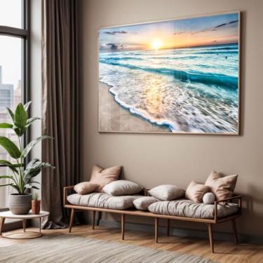 Imagem de Quadro com Moldura e Acrilico Cristal Vidro Sala Quarto Ondas Praia Mar Por do Sol Paisagem Decorativo Horizontal Grande Hall