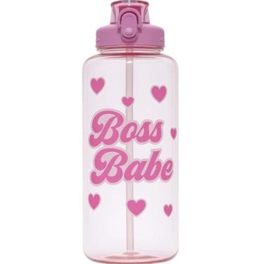 Imagem de Garrafa de água Boss Babe, design de corações rosa, tampa flip-top, 1,8 g