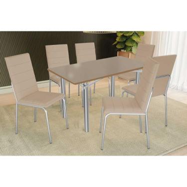 Imagem de Sala de Jantar Completa Elba Tampo Madeirado c/ Vidro 160cm e 6 Cadeiras Amsterdã Cromada/Freijo Bronze - Corano Bege - Kappesberg