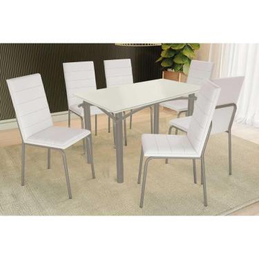 Imagem de Sala de Jantar Completa Elba Tampo Madeirado c/ Vidro 120cm e 6 Cadeiras Amsterdã Niquel/Off White - Corano Branco - Kappesberg