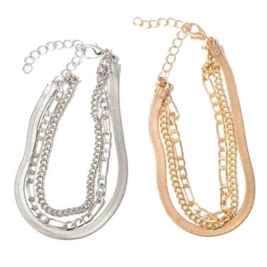 Imagem de Tornozeleira geométrica de corrente de cobra feminina - Joia empilhável de várias camadas com borda moderna