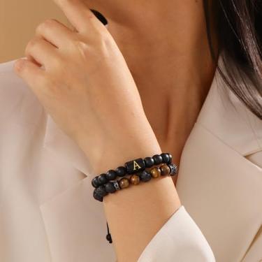 Imagem de Pulseira de contas para mulheres e homens – Inicial A-Z, presente de pedra vulcânica, delicada, hipoalergênica, impermeável, 17,8 cm, presente de aniversário personalizado com caixa de presente, 7