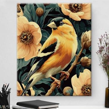 Imagem de Arte de parede em tela de pintassilgo floral amarelo, vintage, pássaro, pintassilgo, pintura estética, imagem para casa, casa de fazenda, quarto, sala de estar, decoração de parede 20 x 25 cm