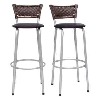 Imagem de Kit 2 Banquetas Alta Junco Argila Estrutura Prata 70cm Para Balcão Ilha Bancada Cozinha Bar Bistrô Americano - Itagold (Assento Marrom Escuro)