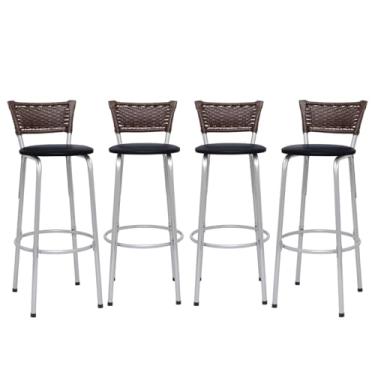 Imagem de Kit 4 Banquetas Alta Junco Argila Estrutura Prata 70cm Para Balcão Ilha Bancada Cozinha Bar Bistrô Americano - Itagold (Assento Preto)