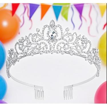 Imagem de Tiara feminina com pente e coroas de princesas prateadas para casamento, formatura, festa de aniversário
