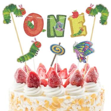 Imagem de Green Caterpillar 1st Birthday Cake Topper Bunting,6pcs The Very Hungry Caterpillar One Year Old Cake Decor Cupcake Toppers,Children's Reading Story First Birthday Party Decorations