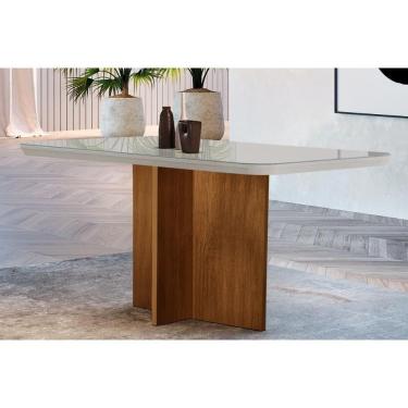 Imagem de Mesa P- Cozinha Berlim C- Tampo 120x80cm Madeirado Vidro Canto Curvo - Imbuia-off White - Rufato