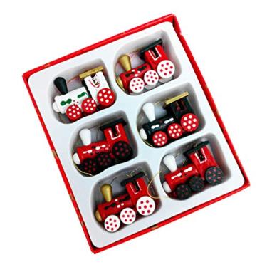 Imagem de 6 pingentes de cabeça de trem de madeira, enfeites de Natal, mini trem de Natal, decoração de caminhão vermelho, trem de Natal, decorações de árvore de Natal para decoração de pendurar no Natal