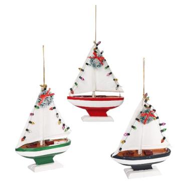 Imagem de NAUTIMALL Enfeite de Natal para pendurar em veleiro de madeira, decoração náutica de mesa de 12 cm, conjunto de 3, azul, verde, vermelho