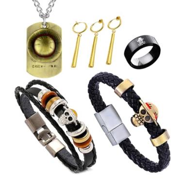 Imagem de TFYU One P. Conjunto de Joias Cosplay Luffy Colar Pingente Chaveiro Couro PU Pulseira Pingente Esqueleto Pulseira Anel Esqueleto Adesivos Anime (Brincos Zorro Sem Piercing Necessário) 27 peças, Vinil