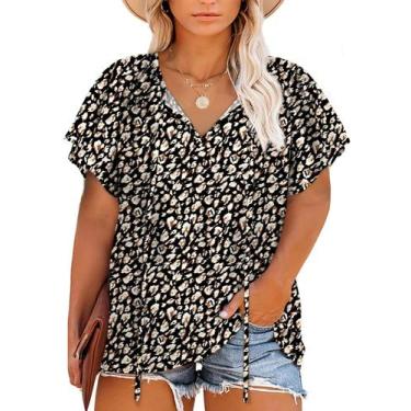 Imagem de Blusa feminina Eytino Plus Size Boho Floral com decote em V e manga cu
