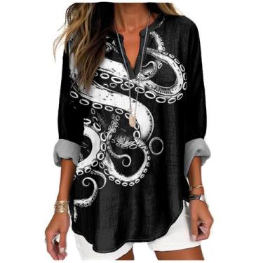 Imagem de Blusa MARSVOVO branca com estampa de tentáculo de polvo feminina plus 