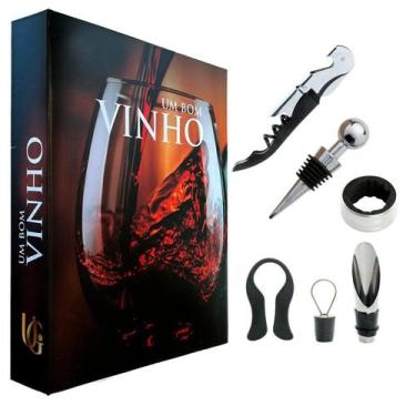 Imagem de Kit Vinho Saca Rolhas Abridor Presente Diferente Livro Decorativo - SH