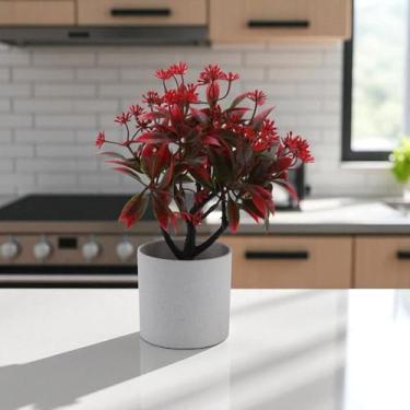 Imagem de Generic 1 peça de plantas artificiais moeda crisântemo com vaso cilíndrico plástico vermelho 8 x 8 x 24 cm