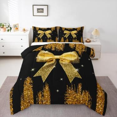 Imagem de Erosebridal Conjunto de edredom casal, com laço dourado, nó de glitter, céu estrelado, princesa, sonhador, laço, feminino, aquarela e laço fofo, decoração de quarto kawaii