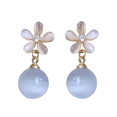 Imagem de Brincos de flor para mulheres, olho de pedra de gato com pingente retrô, pino prata 925, joia elegante perfurada ou noiva de encaixe, acessório versátil branco