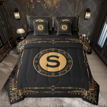 Imagem de jejeloiu Conjunto de edredom com letra P, 7 peças, emblema, circular, solteiro, em uma bolsa, conjunto de cama com estampa geométrica, presente para homens, adolescentes, meninos, personalizado, letra