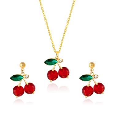 Imagem de RLHRNDE Conjunto de colar de brincos de cereja de cristal vermelho para mulheres banhado a ouro 18K com pingente de fruta doce delicado verão charme tropical declaração de Natal joia presente, Medium