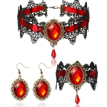 Imagem de Tondiamo Gargantilha gótica conjunto de joias para mulheres, estilo vitoriano, gargantilha, colar, pulseira, brinco, fantasia de bruxa e vampiro, Chain: about 13 inches, liga, pedras artificiais e
