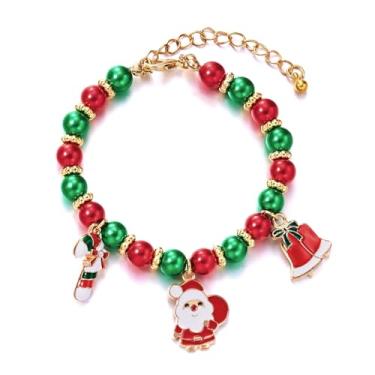 Imagem de Pulseira feminina com pingentes de Papai Noel de Natal com contas verdes vermelhas feitas à mão com contas com pingente de sino, joia festiva de Natal