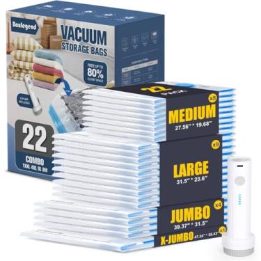 Imagem de BoxLegend Sacos de armazenamento a vácuo com bomba elétrica combo 22 (1X-Jumbo, 4 Jumbo, 9 grandes, 8 médios) Sacos de vedação a vácuo espessos para roupas, economia de espaço para casacos, cobertores