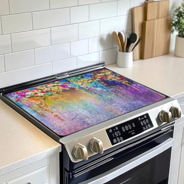 Imagem de Tampa superior para fogão elétrico, flores coloridas aquarela, plantas, vidro, cerâmica, protetor de fogão, resistente ao calor, tapetes de secagem de pratos para cozinha