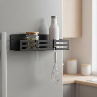 Imagem de Suporte magnético para temperos para geladeira, prateleira magnética de metal com ganchos, organizador de geladeira forte para temperos, frascos de condimentos e armazenamento de cozinha, preto, 1