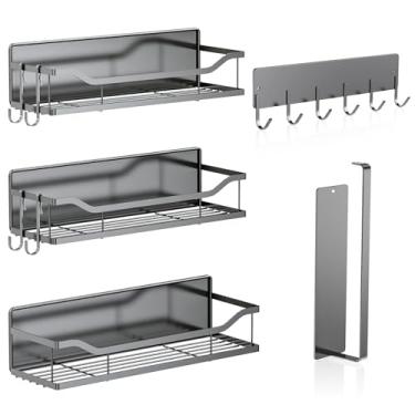 Imagem de Pacote com 5 prateleiras magnéticas multifuncionais para prateleira de temperos de geladeira e organização de máquina de lavar, inclui suporte de toalha de papel, cabide de utensílios de cozinha e