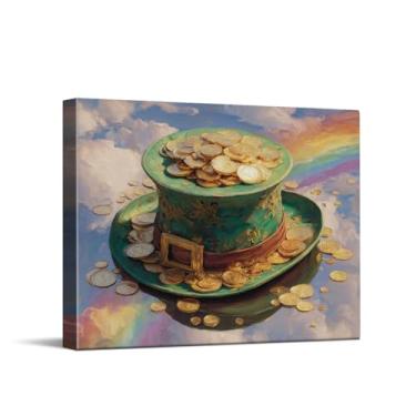 Imagem de CYFDYVT Pintura a óleo mágica chapéu duende dia de São Patrício impressão de arte de parede com moedas de ouro e arco-íris para decoração de casa arte em tela irlandesa 25 x 20 cm