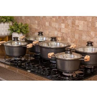 Imagem de Conjunto de Panelas em Alumínio Fundido, 5 Peças, Extremamente grosso, Tampas de Vidro, Alças em Madeira, Preto