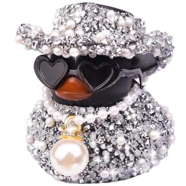 Imagem de CoFuBcad Ornamentos de carro de pato de borracha de diamante, decorações de painel com óculos de sol, colar de pérolas, patos legais, acessórios de carro